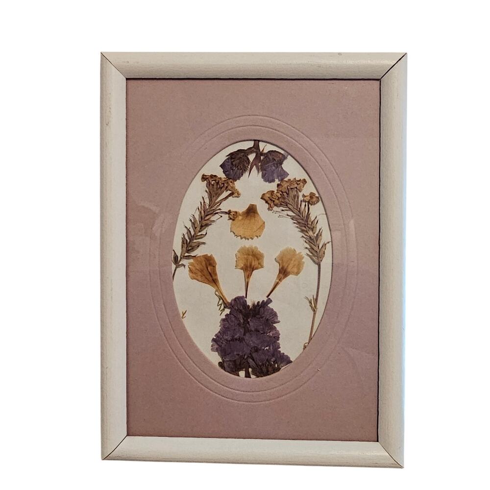 Vintage Dried Flower Picture Purple Floral Prairie Rustic Cottage 90s Decor Boho